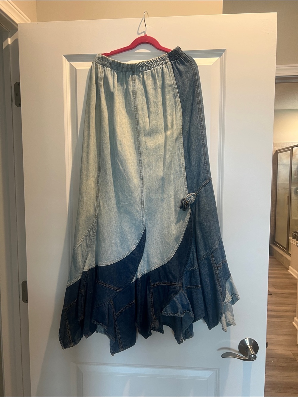 Two-Tone Denim Maxi Skirt - Light & Dark Blue